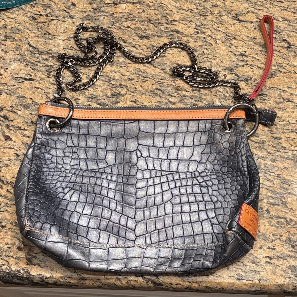 CAVALCANTI Chic Silverish Navy Blue Crocodile-Embossed Crossbody Bag